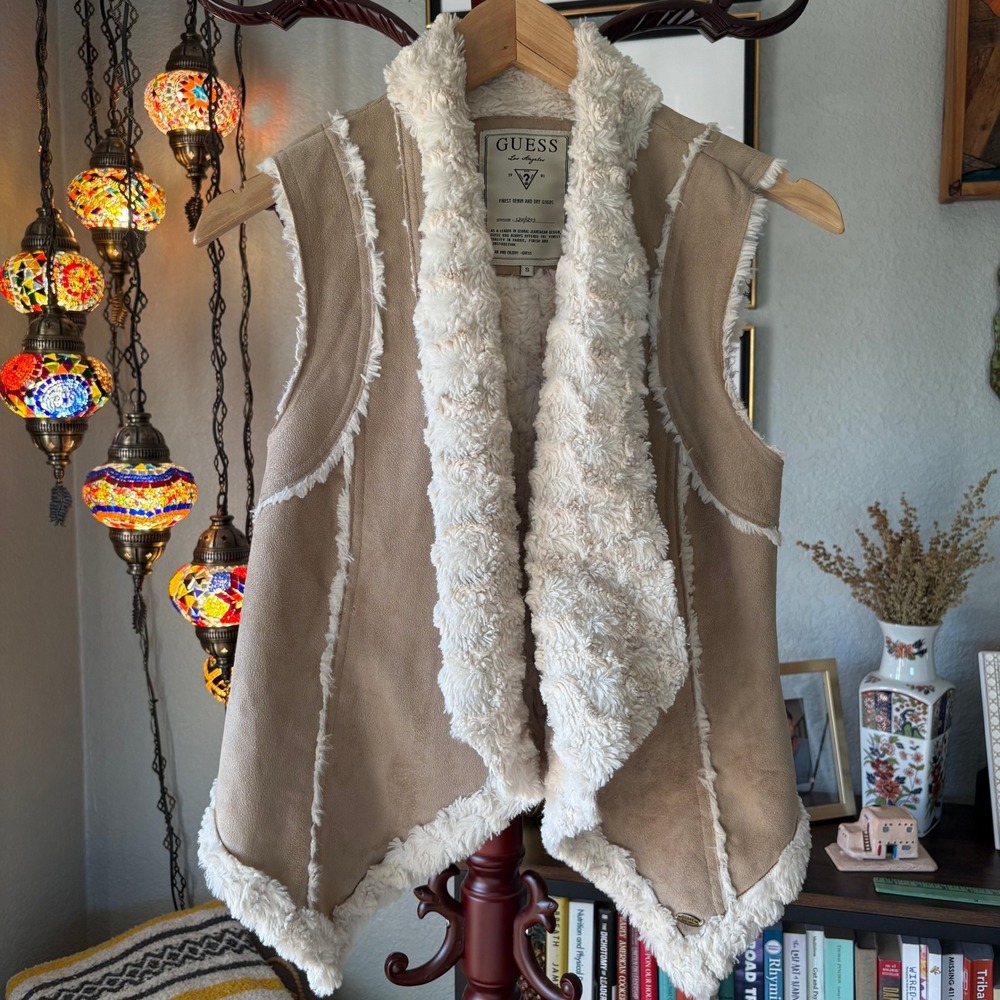 Guess Faux Suede Sherpa Vest Draped‎ Open Front Cozy Neutral Layer